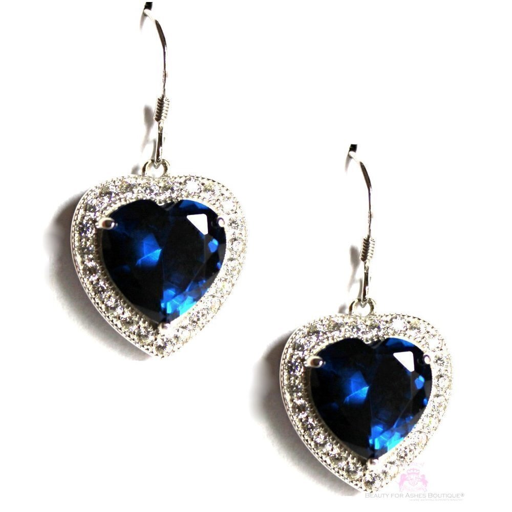 Heart For Jerusalem Sterling Silver Sapphire Cz Dangle Earrings